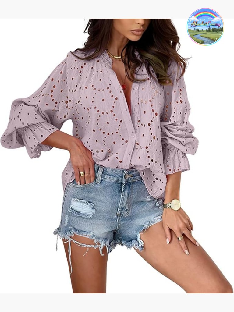 Boho Crochet Button Down Blouse Lantern Sleeve Lace Eyelet Top